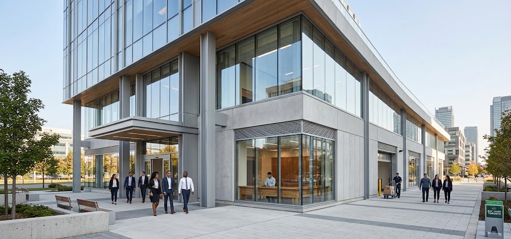 Commercial interior with wood and glass finishes