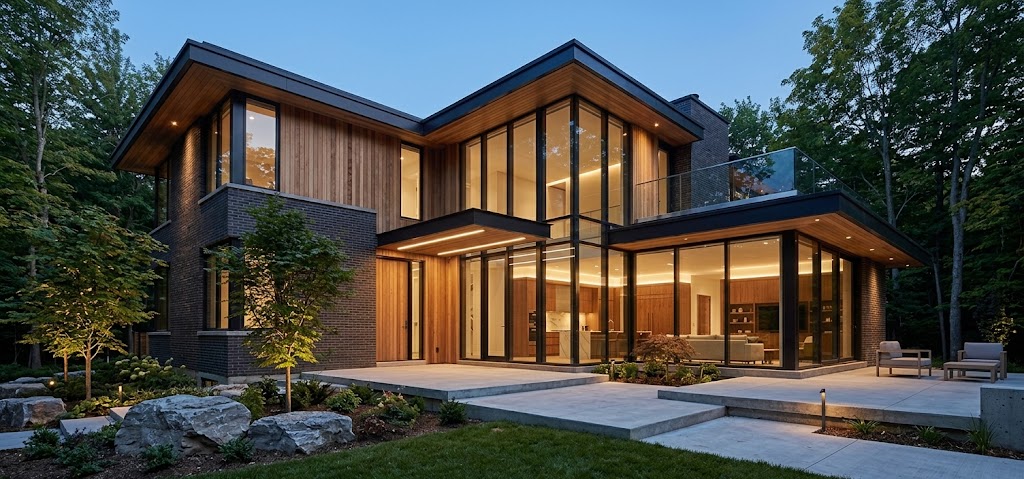 Custom residential home with wood, glass and landscape